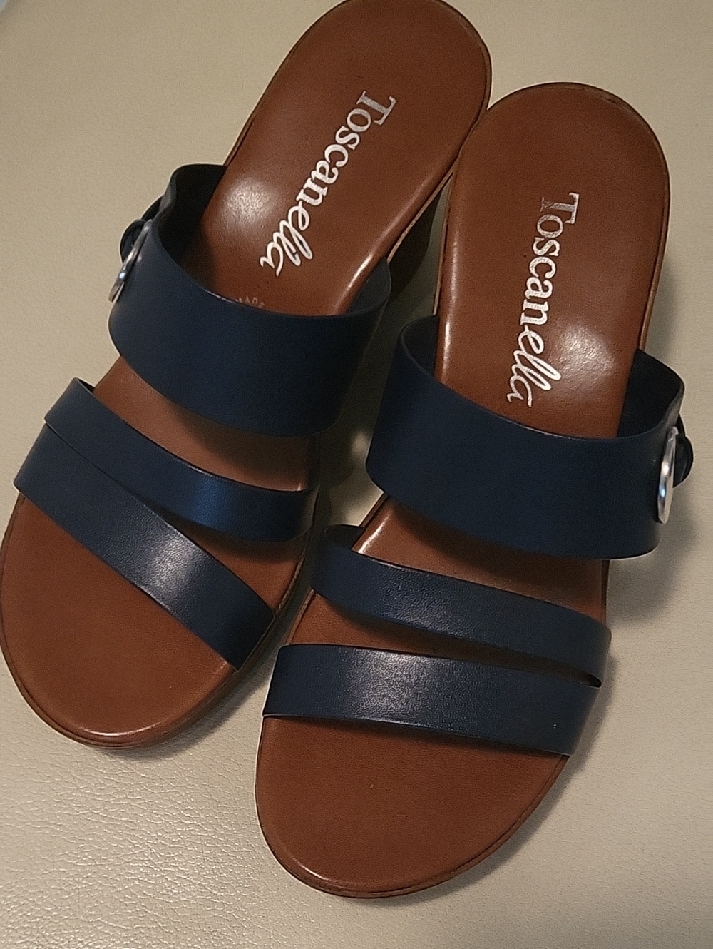 Toscanella Navy Triple-Strap Slide Mules